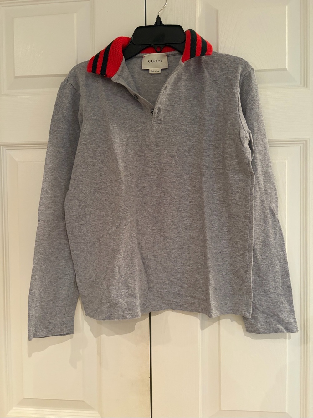 Gucci Light Gray Long Sleeve Polo with Red and Black Striped Collar